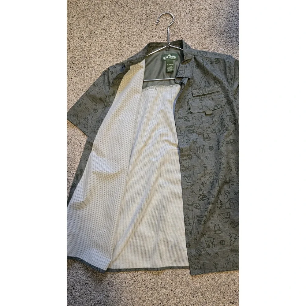 Lake & Trail Boys XL 14/16 Outdoor Camping Print Button Up Shirt Style Green